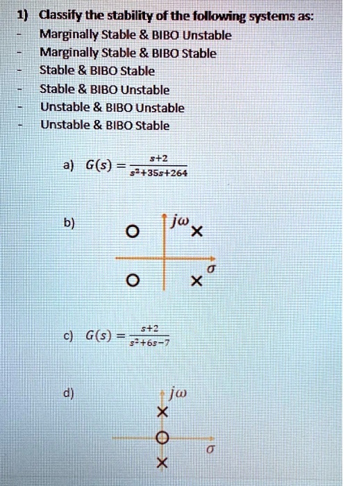 SOLVED: Classify the stability of the following systems as: Marginally Stable BIBO Unstable ...
