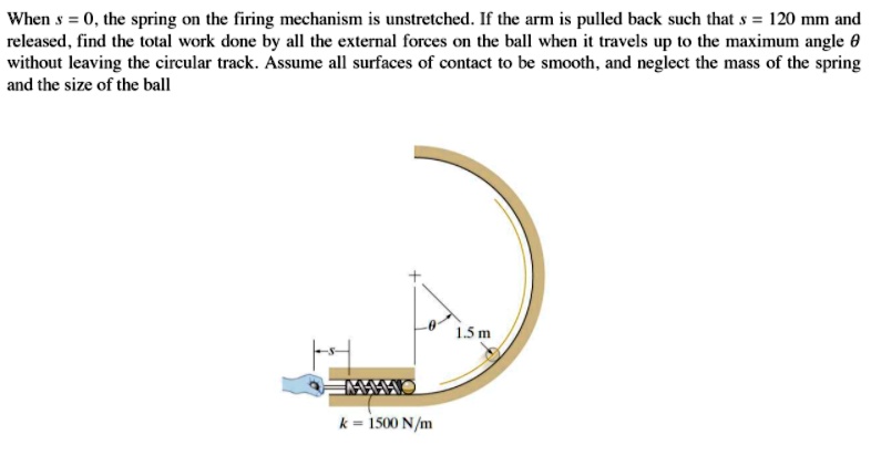 When s = 0, the spring on the firing mechanism is unstretched. If the arm is pulled back such that s = 120 mm and released, find the total work done by all the external forces on the ball when it travels up to the maximum angle 	heta without leaving the circular track. Assume all surfaces of contact to be smooth, and neglect the mass of the spring and the size of the ball
+ 
1441410
k = 1500 N/m
	heta
1.5 m