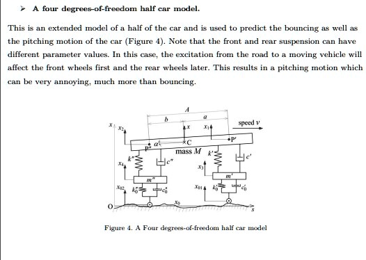 ? A four degrees-of-freedom half car model.
This is an extended model of a half of the car and is used to predict the bouncing as well as
the pitching motion of the car (Figure 4). Note that the front and rear suspension can have
different parameter values. In this case, the excitation from the road to a moving vehicle will
affect the front wheels first and the rear wheels later. This results in a pitching motion which
can be very annoying, much more than bouncing.
A
b
a
?
C
mass M
N3
Naz
ko
Xo
??
speed v
P
Figure 4. A Four degrees-of-freedom half car model