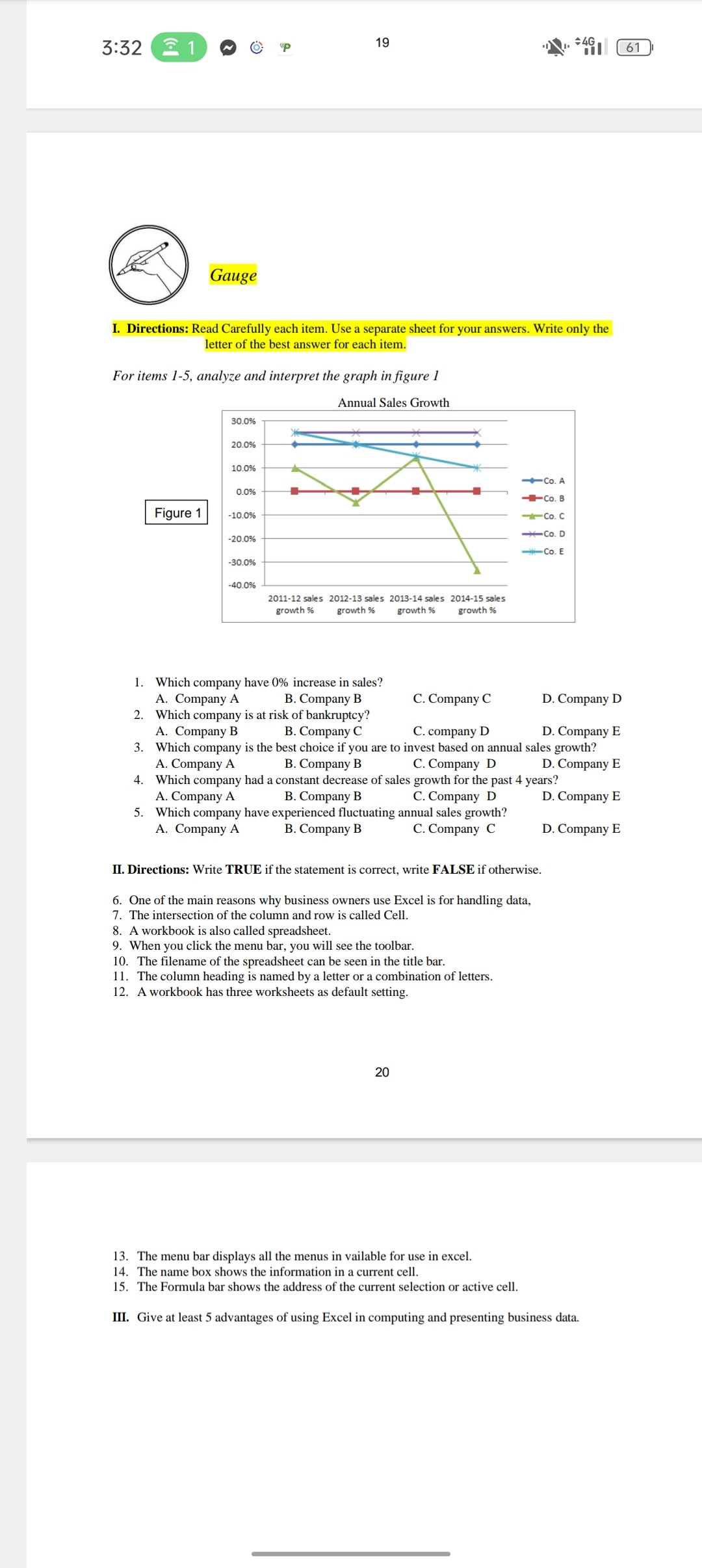 Gauge
I. Directions: Read Carefully each item. Use a separate sheet for your answers. Write only the
letter of the best answer for each item.

For items 1-5, analyze and interpret the graph in figure 1
Annual Sales Growth
30.0%
20.0%
10.0%
0.0%
-10.0%
-20.0%
-30.0%
-40.0%
Figure 1
2011-12 sales growth %
2012-13 sales growth %
2013-14 sales growth %
2014-15 sales growth %
-Co. A
-Co. B
-Co. C
-Co. D
-Co. E

1. Which company have 0% increase in sales?
A. Company A
B. Company B
C. Company C
D. Company D
2. Which company is at risk of bankruptcy?
A. Company B
B. Company C
C. company D
D. Company E
3. Which company is the best choice if you are to invest based on annual sales growth?
A. Company A
B. Company B
C. Company D
D. Company E
4. Which company had a constant decrease of sales growth for the past 4 years?
A. Company A
B. Company B
C. Company D
D. Company E
5. Which company have experienced fluctuating annual sales growth?
A. Company A
B. Company B
C. Company C
D. Company E

II. Directions: Write TRUE if the statement is correct, write FALSE if otherwise.
6. One of the main reasons why business owners use Excel is for handling data,
7. The intersection of the column and row is called Cell.
8. A workbook is also called spreadsheet.
9. When you click the menu bar, you will see the toolbar.
10. The filename of the spreadsheet can be seen in the title bar.
11. The column heading is named by a letter or a combination of letters.
12. A workbook has three worksheets as default setting.

13. The menu bar displays all the menus in vailable for use in excel.
14. The name box shows the information in a current cell.
15. The Formula bar shows the address of the current selection or active cell.

III. Give at least 5 advantages of using Excel in computing and presenting business data.