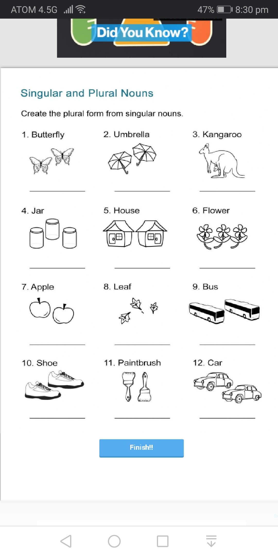 SOLVED ATOM 4.5G .11 ? 47 r30pm Singular and Plural Nouns Create