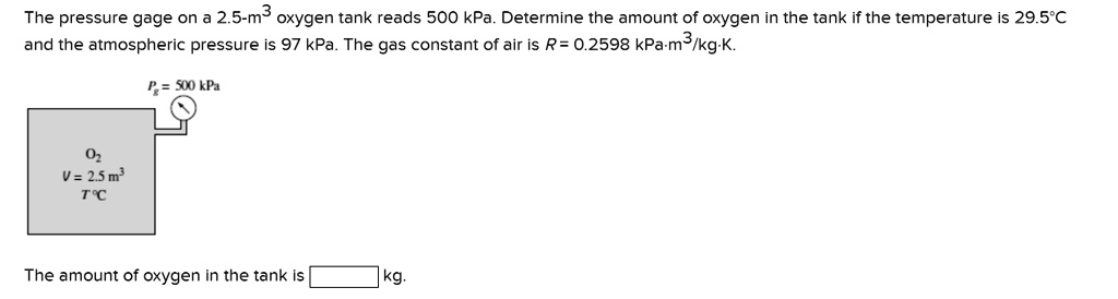 Solved The Pressure Gage On A 2 5 M3 Oxygen Tank Reads 500 Kpa Determine The Amount Of Oxygen In The Tank If The Temperature Is 29 5 C And The Atmospheric Pressure Is 97 Kpa The