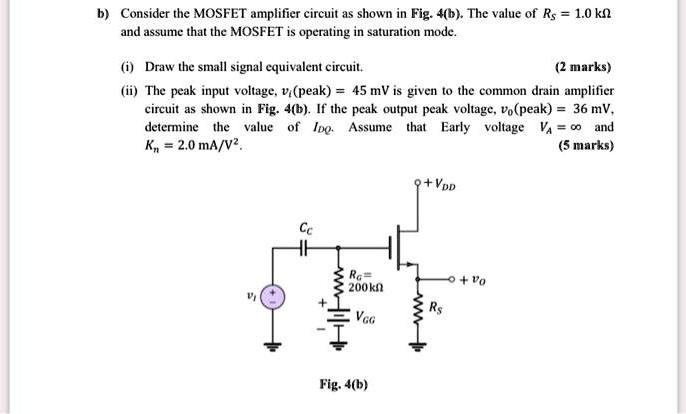 SOLVED: Consider the MOSFET amplifier circuit as shown in Fig: 4(b. The ...