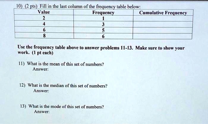 10) (2 pts) Fill in the last column of the frequency table below:
Value
2
4
6
8
Frequency
1
3
5
6
Cumulative Frequency
Use the frequency table above to answer problems 11-13. Make sure to show your
work. (1 pt each)
11) What is the mean of this set of numbers?
Answer:
12) What is the median of this set of numbers?
Answer:
13) What is the mode of this set of numbers?
Answer: