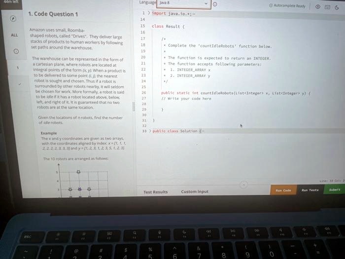 Texts: enu 0 Autocomplete Ready 1. Code Question 1 1. import java.io ... image.