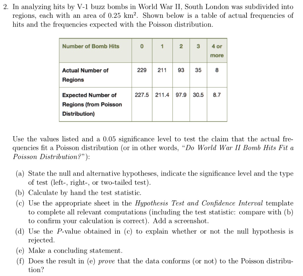 2. In analyzing hits by V-1 buzz bombs in World War II, South London was subdivided into regions, each with an area of 0.25 km². Shown below is a table of actual frequencies of hits and the frequencies expected with the Poisson distribution.
Number of Bomb Hits
0
1
2
3
4 or
more
Actual Number of
Regions
229
211
93
35
8
Expected Number of
Regions (from Poisson
Distribution)
227.5
211.4
97.9
30.5
8.7
Use the values listed and a 0.05 significance level to test the claim that the actual frequencies fit a Poisson distribution (or in other words, ""Do World War II Bomb Hits Fit a Poisson Distribution?""):
(a) State the null and alternative hypotheses, indicate the significance level and the type of test (left-, right-, or two-tailed test).
(b) Calculate by hand the test statistic.
(c) Use the appropriate sheet in the Hypothesis Test and Confidence Interval template to complete all relevant computations (including the test statistic: compare with (b) to confirm your calculation is correct). Add a screenshot.
(d) Use the P-value obtained in (c) to explain whether or not the null hypothesis is rejected.
(e) Make a concluding statement.
(f) Does the result in (e) prove that the data conforms (or not) to the Poisson distribution?