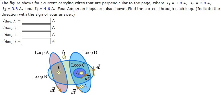 The figure shows four current-carrying wires that are perpendicular to the page, where I1 = 1.8 A, I2 = 2.8 A, I3 = 3.8 A, and I4 = 4.6 A. Four Amp