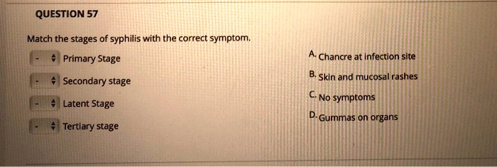 question 57 match the stages of syphilis with the correct symptom ...