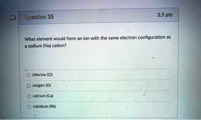 What element would form an ion with the same electron configuration as a sodium (Na) cation?
chlorine (Cl)
oxygen (O)
calcium (Ca)
rubidium (Rb)