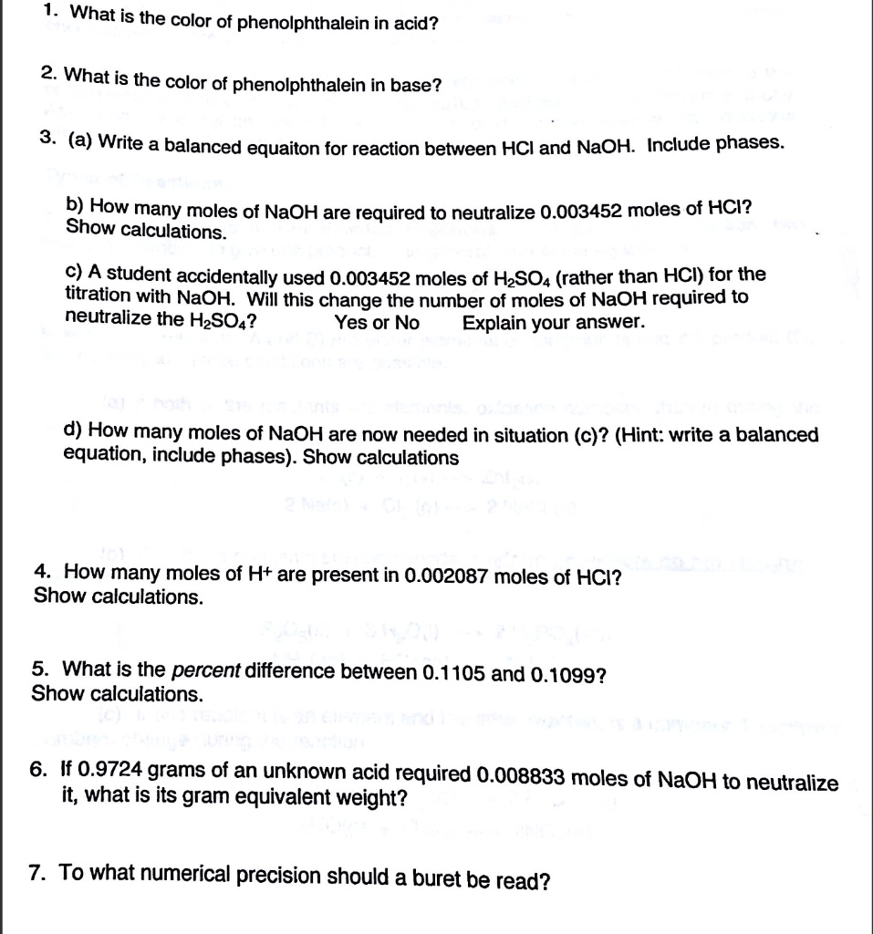 SOLVED What is the color of phenolphthalein in acid? 2. What is the
