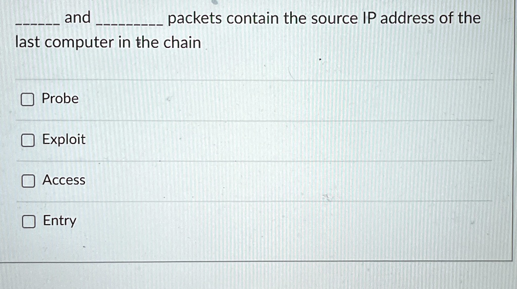 and  packets contain the source IP address of the
last computer in the chain
Probe
Exploit
Access
Entry