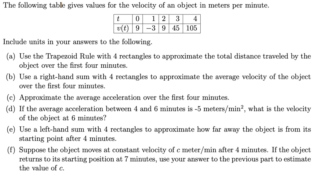 The following table gives values for the velocity of an object in meters per minute.

t 
t     0     1     2     3     4 

v(t)     9     -3     9     45     105 



Include units in your answers to the following.
(a) Use the Trapezoid Rule with 4 rectangles to approximate the total distance traveled by the object over the first four minutes.
(b) Use a right-hand sum with 4 rectangles to approximate the average velocity of the object over the first four minutes.
(c) Approximate the average acceleration over the first four minutes.
(d) If the average acceleration between 4 and 6 minutes is -5 meters/min^2, what is the velocity of the object at 6 minutes?
(e) Use a left-hand sum with 4 rectangles to approximate how far away the object is from its starting point after 4 minutes.
(f) Suppose the object moves at constant velocity of c meter/min after 4 minutes. If the object returns to its starting position at 7 minutes, use your answer to the previous part to estimate the value of c.