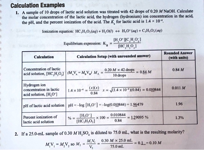 SOLVED: Calculation Examples A sample of 10 drops of lactic acid ...
