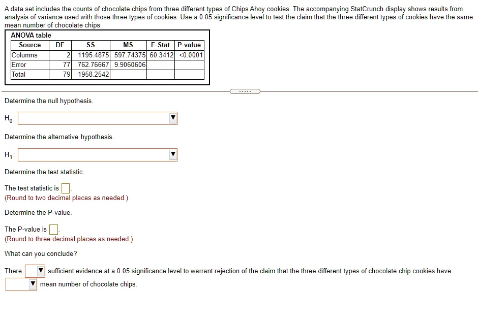 A data set includes the counts of chocolate chips from three different types of Chips Ahoy cookies. The accompanying StatCrunch display shows results from analysis of variance used with those three types of cookies. Use a 0.05 significance level to test the claim that the three different types of cookies have the same mean number of chocolate chips.
ANOVA table
Source DF SS MS F-Stat P-value
Columns 2 1195.4875 597.74375 60.3412 <0.0001
Error 77 762.76667 9.9060606
Total 79 1958.2542
Determine the null hypothesis.
H0:
Determine the alternative hypothesis.
H1:
Determine the test statistic.
The test statistic is
(Round to two decimal places as needed.)
Determine the P-value.
The P-value is
(Round to three decimal places as needed.)
What can you conclude?
There sufficient evidence at a 0.05 significance level to warrant rejection of the claim that the three different types of chocolate chip cookies have mean number of chocolate chips.