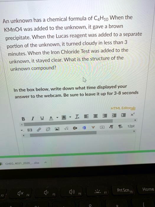 An unknown has a chemical formula of C4H10 When the KMnO4 was added to the unknown, it gave a brown precipitate. When the Lucas reagent was added to a separate portion of the unknown, it turned cloudy in less than 3 minutes. When the Iron Chloride Test was added to the unknown, it stayed clear. What is the structure of the unknown compound?