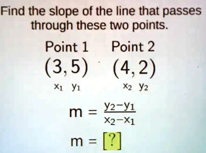 Find the slope of the line that passes through these two points.
Point 1 Point 2
(3,5) (4,2)
x1 y1 x2 y2
m = (y2-y1)/(x2-x1)
m = [?]