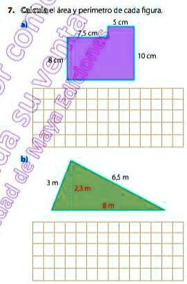 SOLVED: 7. Calcula el área y perimetro de cada figura Cuca0el area ...