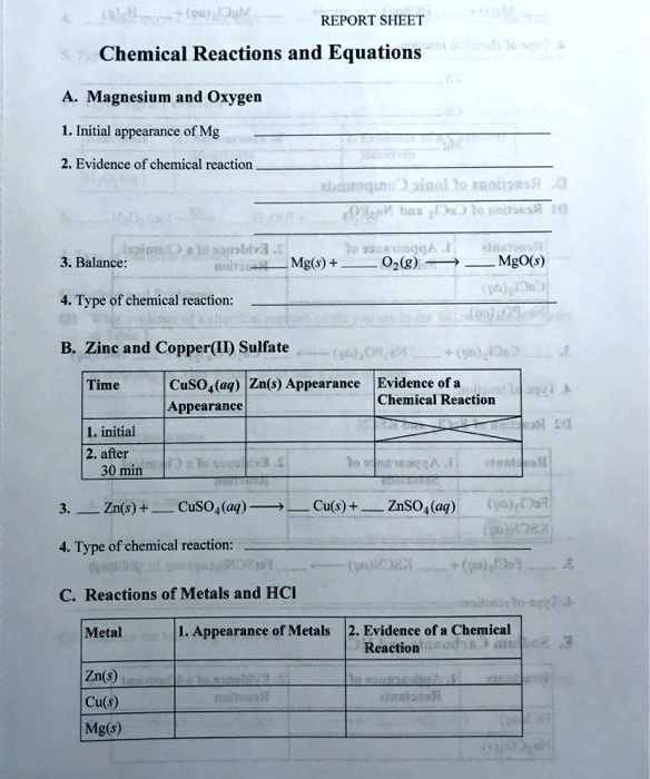 SOLVED REPORT SHEET Chemical Reactions and Equations Magnesium and Oxygen Initial appearance