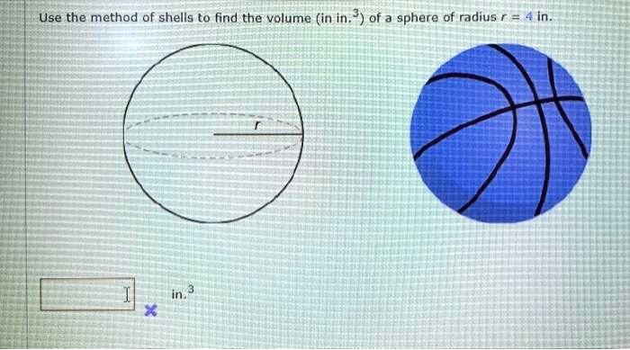 Use the method of shells to find the volume (in in.³) of a sphere of radius r = 4 in.

in.³