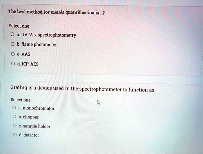 SOLVED The best method for metals quantification is Select one UVVis
