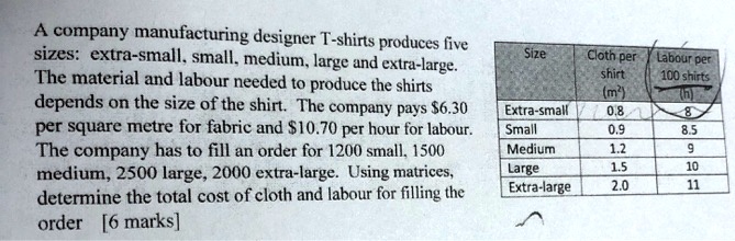 A company manufacturing designer T-shirts produces five sizes: extra-small, small, medium, large and extra-large. The material and labour needed to produce the shirts depends on the size of the shirt. The company pays 6.30 per square metre for fabric and10.70 per hour for labour. The company has to fill an order for 1200 small, 1500 medium, 2500 large, 2000 extra-large. Using matrices, determine the total cost of cloth and labour for filling the order [6 marks]
Size
Cloth per Labour per
shirt
100 shirts
(m²)
(h)
Extra-small
0.8
8
Small
0.9
8.5
Medium
1.2
9
Large
1.5
10
Extra-large
2.0
11