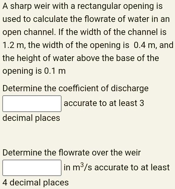 SOLVED A sharp weir with a rectangular opening is used to calculate