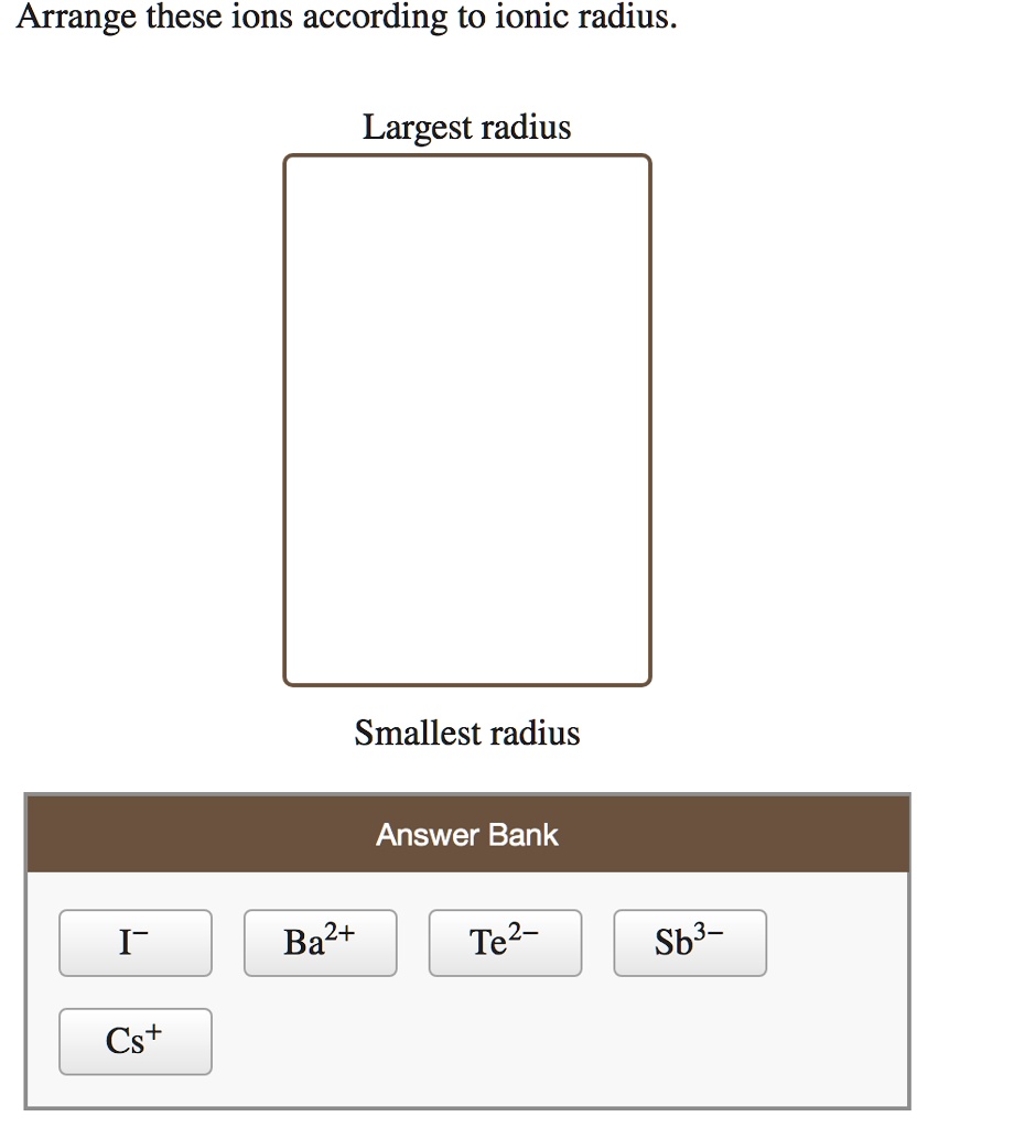 SOLVED: Arrange these ions according to ionic radius Largest radius