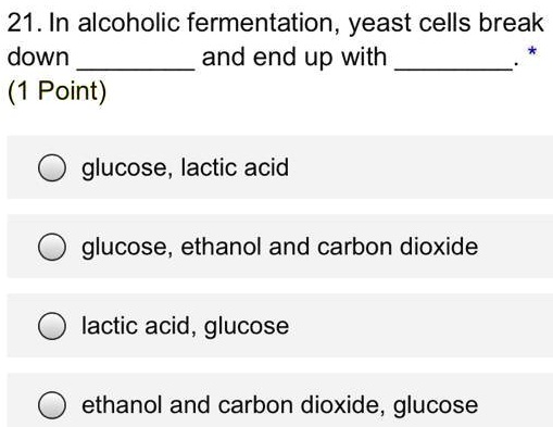 SOLVED: 21. In alcoholic fermentation, yeast cells break down and end ...