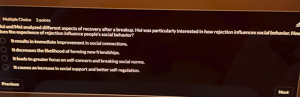 multiple choice 2 points hoi and mei analyzed different aspects of recovery after a breakup hoi was particularly interested in how rejection influences social behavior how does the experienc 06784