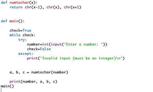 SOLVED: “`python def numtochar(x): return chr(x-1), chr(x), chr(x+1 ...