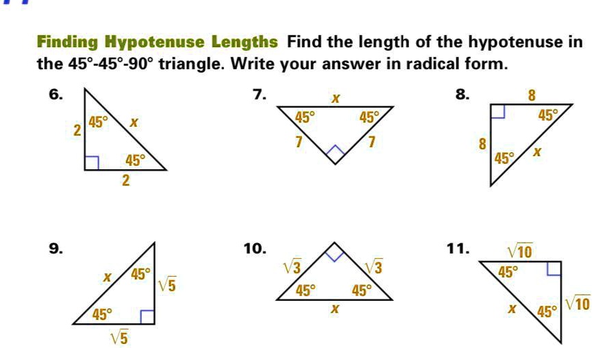 Solved Finding Hypotenuse Lengths Find The Length Of The Hypotenuse In The 45Â° 45Â° 90Â 5691