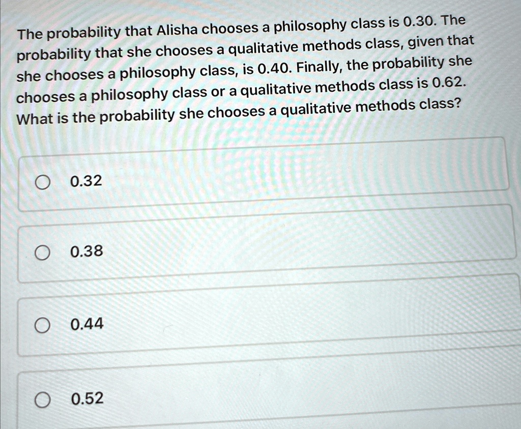 the probability that alisha chooses a philosophy class is 030 the probability that she chooses a qualitative methods class given that she chooses a philosophy class is 040 finally the probab 85409