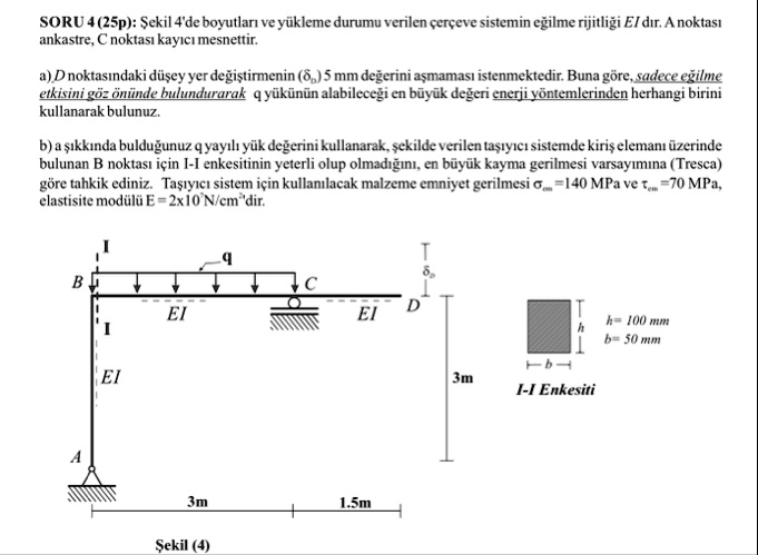 soru 4 25p sekil 4de boyutlar ve yukleme durumu verilen cerceve sistemin egilme rijitligi ei dr a noktas ankastre c noktas kayc mesnettir a d noktasndaki dusey yer degistirmenin delta b5mm  61392