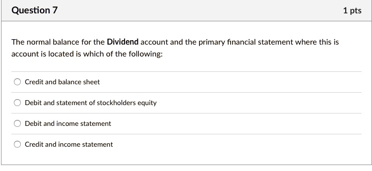 Question 7 The normal balance for the Dividend account and the primary ...
