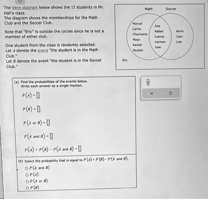 The Venn diagram below shows the 15 students in Mr. Hall's class. Math ...