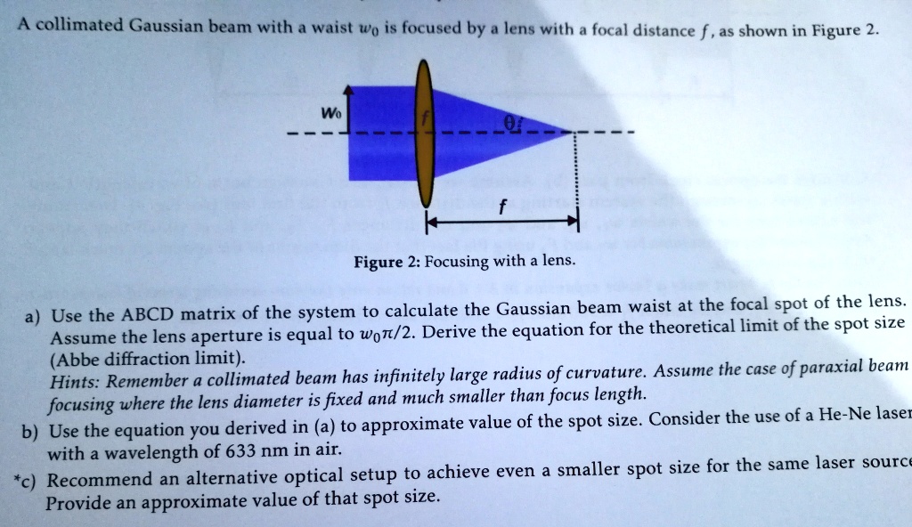 SOLVED: A collimated Gaussian beam with a waist w0 is focused by a lens ...