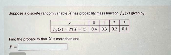 Suppose a discrete random variable X has probability mass function fx(x) given by:


x     0     1     2     3 

fx(x) = P(X = x)     0.4     0.3     0.2     0.1 



Find the probability that X is more than one

P =
