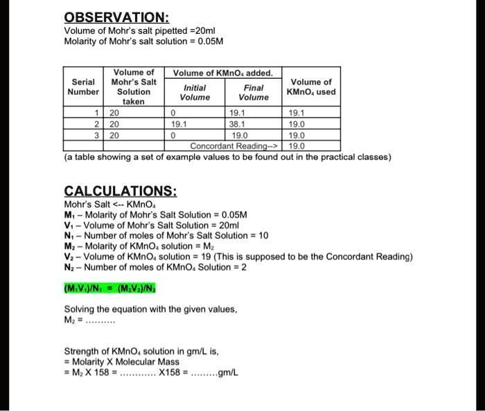 SOLVED OBSERVATION Volume of Mohr's salt pipetted = 20ml. Molarity of