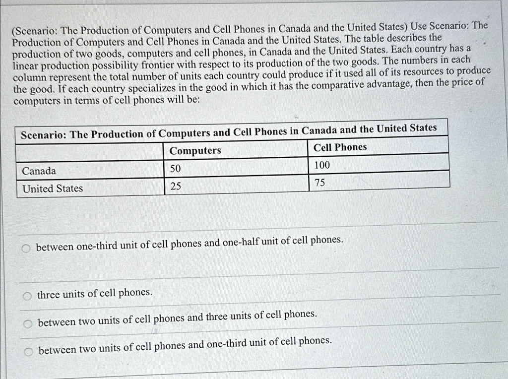 (Scenario: The Production of Computers and Cell Phones in Canada and the United States) Use Scenario: The Production of Computers and Cell Phones in Canada and the United States. The table describes the production of two goods, computers and cell phones, in Canada and the United States. Each country has a linear production possibility frontier with respect to its production of the two goods. The numbers in each column represent the total number of units each country could produce if it used all of its resources to produce the good. If each country specializes in the good in which it has the comparative advantage, then the price of computers in terms of cell phones will be:
Scenario: The Production of Computers and Cell Phones in Canada and the United States
Canada
United States
Computers
50
25
Cell Phones
100
75
between one-third unit of cell phones and one-half unit of cell phones.
three units of cell phones.
between two units of cell phones and three units of cell phones.
between two units of cell phones and one-third unit of cell phones.