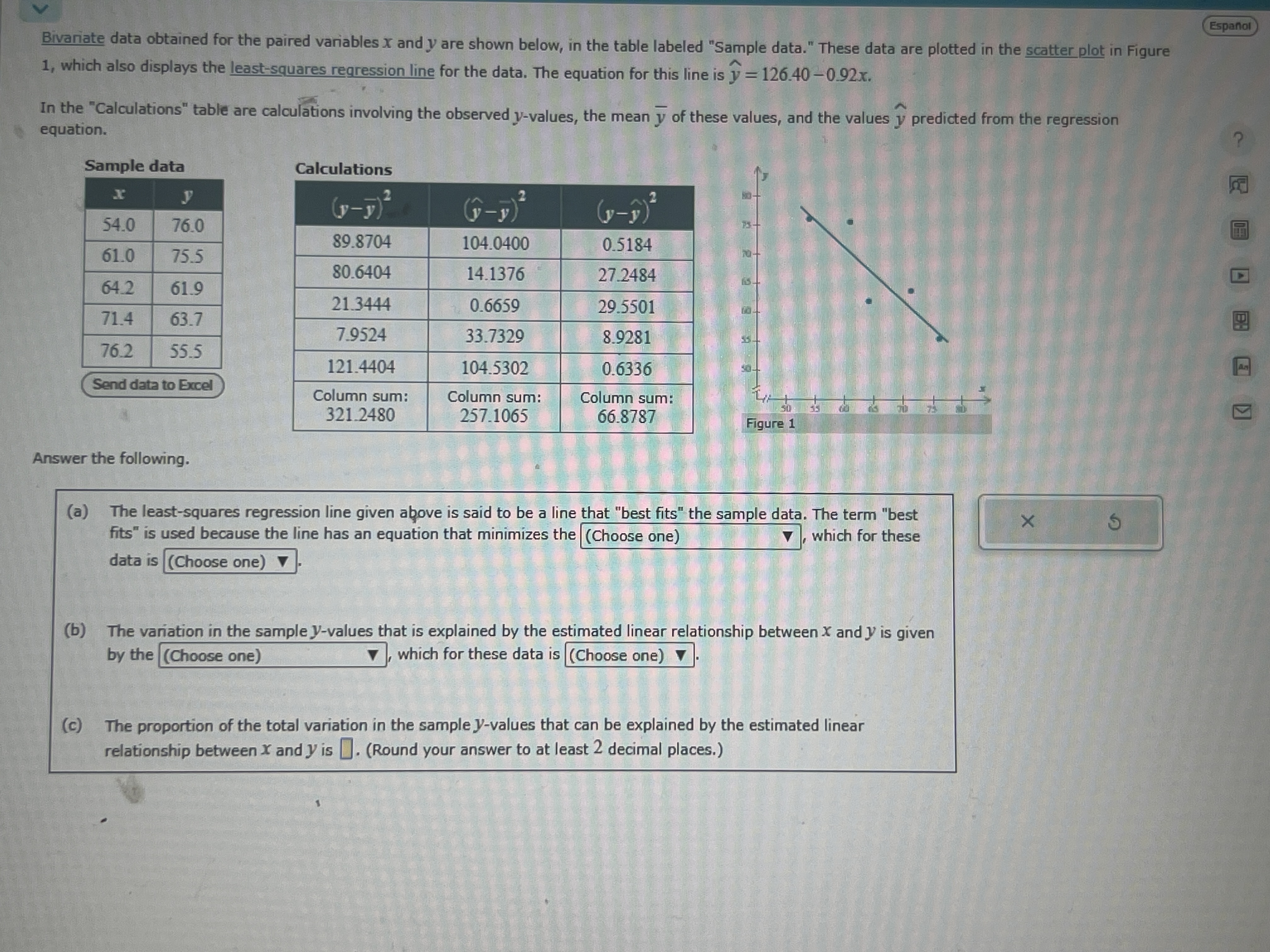 Espanol
Bivariate data obtained for the paired variables x and y are shown below, in the table labeled "Sample data." These data are plotted in the scatter plot in Figure 1, which also displays the least-squares regression line for the data. The equation for this line is ŷ=126.40-0.92 x.

In the "Calculations" table are calculations involving the observed y-values, the mean y̅ of these values, and the values ŷ predicted from the regression equation.

2|c| Sample data  

x     y 

54.0     76.0 

61.0     75.5 

64.2     61.9 

71.4     63.7 

76.2     55.5 



Send data to Excel 



Calculations

(y-y̅)^2     (ŷ-y⃗)^2     (y-ŷ)^2 

89.8704     104.0400     0.5184 

80.6404     14.1376     27.2484 

21.3444     0.6659     29.5501 

7.9524     33.7329     8.9281 

121.4404     104.5302     0.6336 

 
Column sum: 

321.2480
      
Column sum: 

257.1065
      
Column sum: 

66.8787
 



Answer the following.
(a) The least-squares regression line given above is said to be a line that "best fits" the sample data. The term "best fits" is used because the line has an equation that minimizes the (Choose one) , which for these data is (Choose one) ∇.
(b) The variation in the sample y-values that is explained by the estimated linear relationship between x and y is given by the (Choose one) ∇, which for these data is (Choose one) ∇.
(c) The proportion of the total variation in the sample y-values that can be explained by the estimated linear relationship between x and y is □. (Round your answer to at least 2 decimal places.)