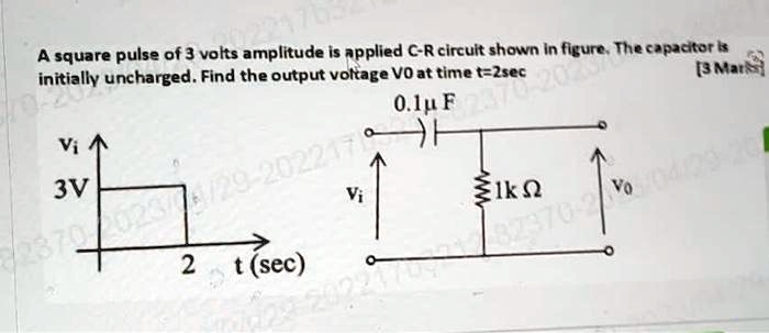 A square pulse of 3 volts amplitude is applied C-R circuit shown in figure. The capacitor is initially uncharged. Find the output voltage V0 at time t=2sec