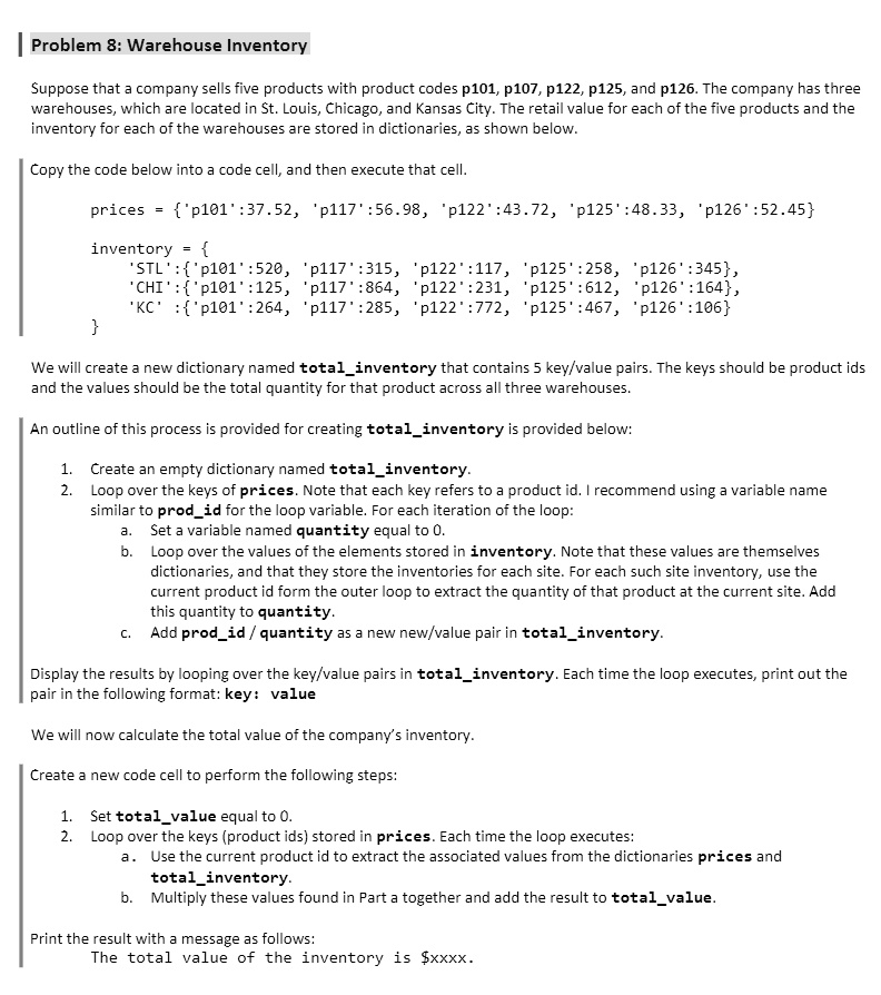 using python problem 8 warehouse inventory suppose tnat company sells ...