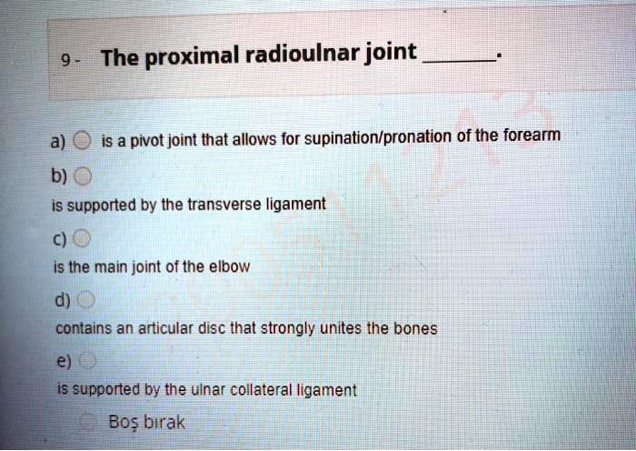 SOLVED: The proximal radioulnar joint is a pivot joint that allows for ...