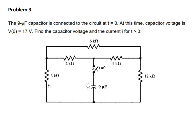 Problem 3

The 9-F capacitor is connected to the circuit at t = 0. At this time, capacitor voltage is
V(0) = 17 V. Find the capacitor voltage and the current i for t > 0: