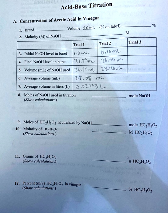 SOLVED AcidBase Titration Concentration of Acetic Acid in Vinegar
