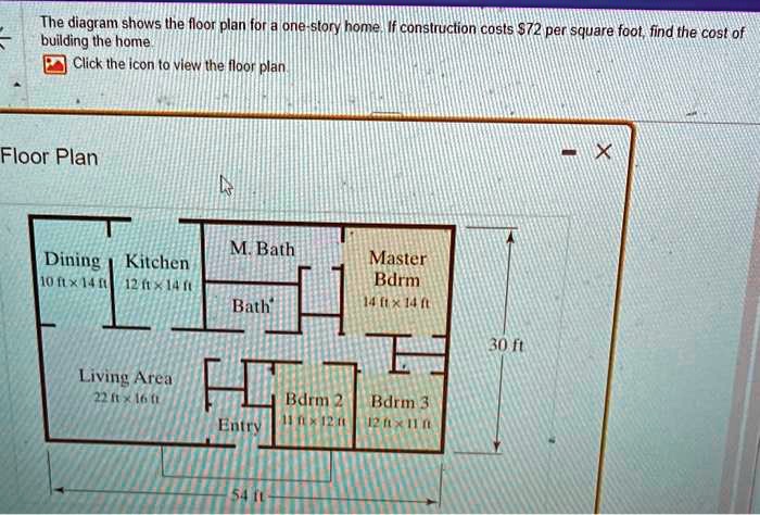 The diagram shows the floor plan for a one-story home. If construction costs 72 per square foot, find the cost of building the home.
Floor Plan
M. Bath
Dining Kitchen
10 ft x 14 ft 12 ft x 14 ft
Master Bdrm
14 ft x 14 ft
Bath
30 ft
Living Area
22 ft x 16 ft
Bdrm 2
Bdrm 3
Entry
11 ft x 12 ft
12 ft x 11 ft
54 ft