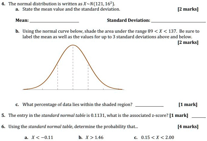 SOLVED: The normal distribution is written as X N(121,162). State the ...