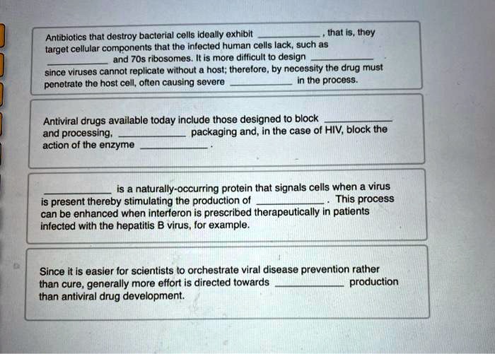 Antibiotics that destroy bacterial cells ideally exhibit , that is, they target cellular components that the infected human cells lack, such as  and 70s ribosomes. It is more difficult to design  since viruses cannot replicate without a host; therefore, by necessity the drug must penetrate the host cell, often causing severe  in the process.

Antiviral drugs available today include those designed to block  and processing,  packaging and, in the case of HIV, block the action of the enzyme .

 is a naturally-occurring protein that signals cells when a virus is present thereby stimulating the production of . This process can be enhanced when interferon is prescribed therapeutically in patients infected with the hepatitis B virus, for example.

Since it is easier for scientists to orchestrate viral disease prevention rather than cure, generally more effort is directed towards  production than antiviral drug development.