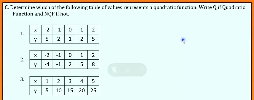 how to determine if a table of values represents a quadratic function
