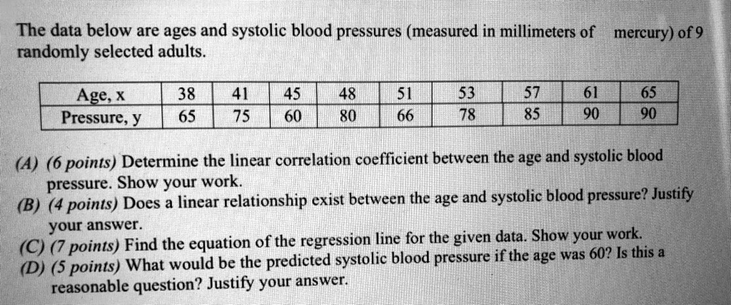 The data below are ages and systolic blood pressures (measured in millimeters of mercury) of 9 randomly selected adults.

Age, x | 38 | 41 | 45 | 48 | 51 | 53 | 57 | 61 | 65
Pressure, y | 65 | 75 | 60 | 80 | 66 | 78 | 85 | 90 | 90

(A) (6 points) Determine the linear correlation coefficient between the age and systolic blood pressure. Show your work.
(B) (4 points) Does a linear relationship exist between the age and systolic blood pressure? Justify your answer.
(C) (7 points) Find the equation of the regression line for the given data. Show your work.
(D) (5 points) What would be the predicted systolic blood pressure if the age was 60? Is this a reasonable question? Justify your answer.